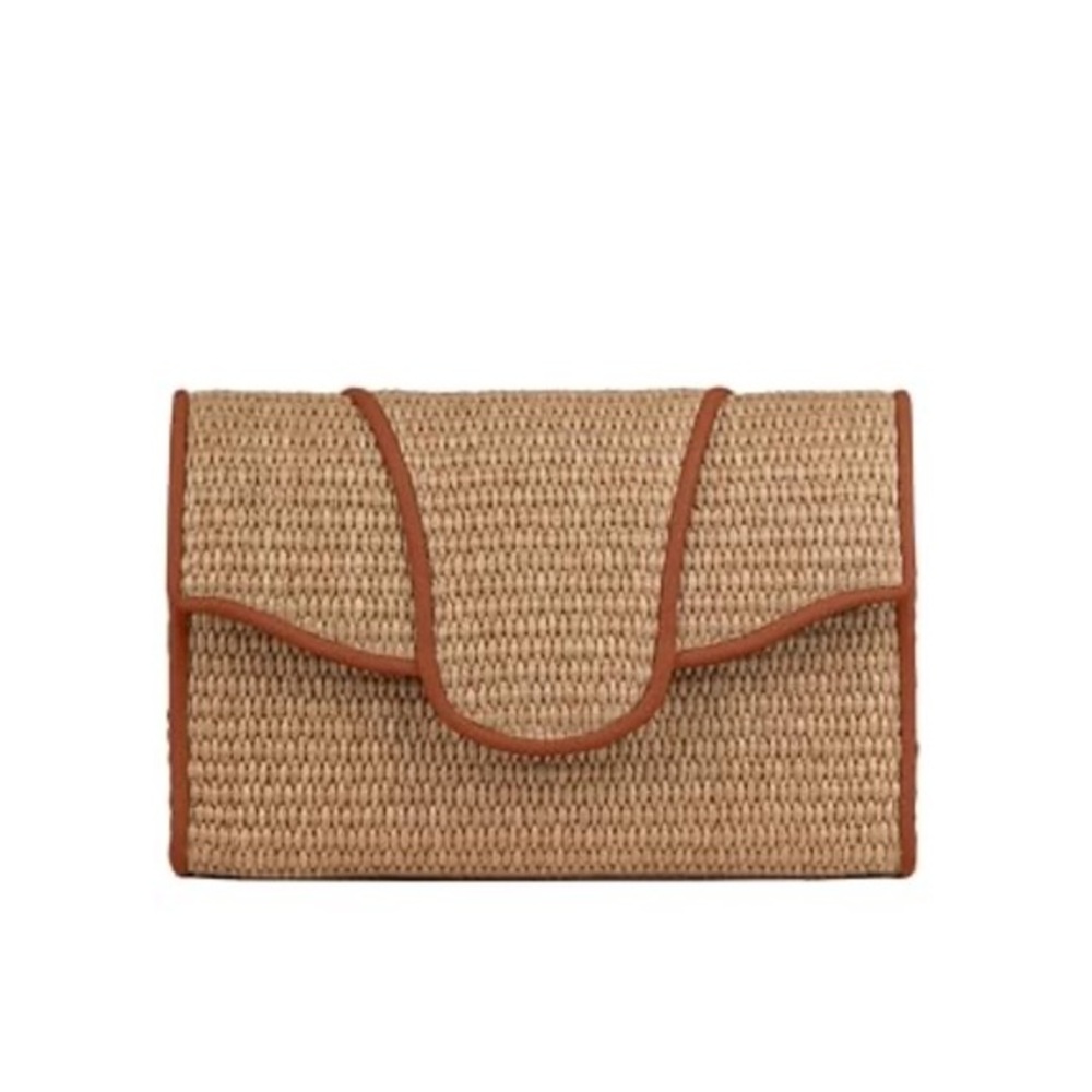 Liselle Kiss Allie Raffia Woven Clutch Crossbody Tan Leather Trim NWT Italy
